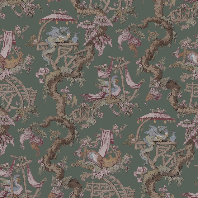 Tapet verde cu motiv floral elegant în living