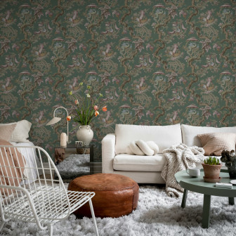 Tapet verde cu motiv floral elegant în living