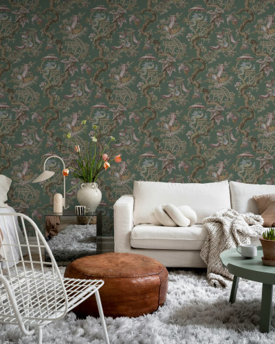 Tapet verde cu motiv floral elegant în living