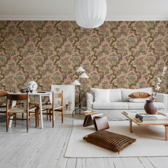 Tapet floral în nuanțe de piersică într-un living modern