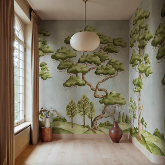 Fototapet cu copaci stilizați pe fundal albastru deschis într-o cameră amenajată.