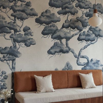 Fototapet cu copaci albaștri într-un interior modern