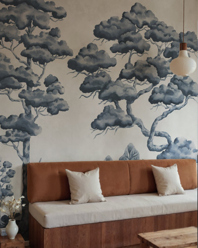 Fototapet cu copaci albaștri într-un interior modern