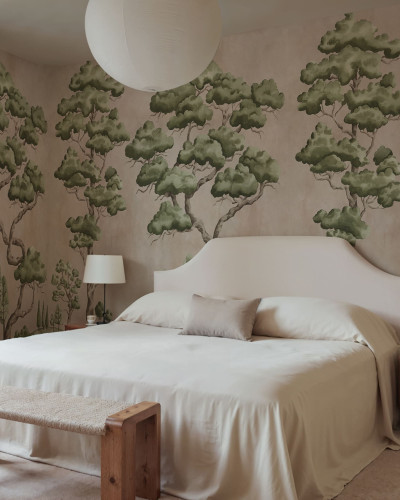 Tapet cu copaci într-un dormitor elegant