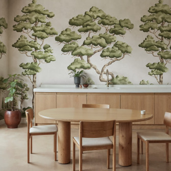 Tapet bej cu design de copaci stilizați într-o bucătărie modernă