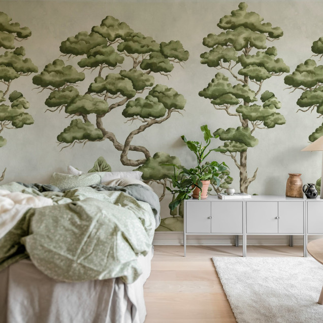 Tapet bej cu design de copaci stilizați într-o bucătărie modernă