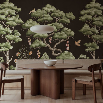 Fototapet cu arbori pictați pe fundal negru într-o sufragerie elegantă