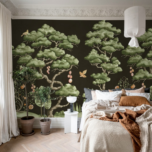 Fototapet cu arbori pictați pe fundal negru într-o sufragerie elegantă