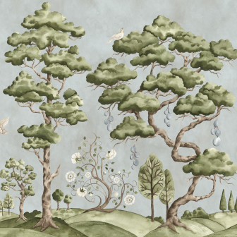 Tapet cu arbori și păsări pe fundal bleu într-un dormitor elegant