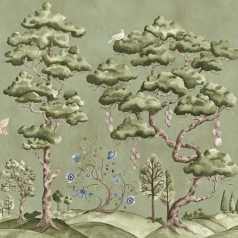 Tapet verde cu motive naturale într-o bucătărie