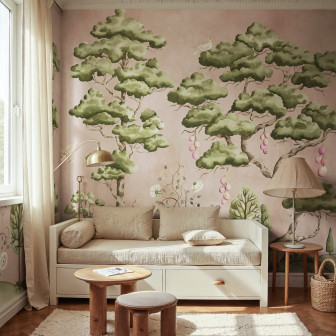 Fototapet cu peisaj de pădure roz într-o cameră de zi