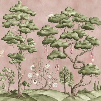 Fototapet cu peisaj de pădure roz într-o cameră de zi