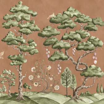 Dormitor cu tapet cu motive de copaci și păsări