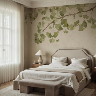 Dormitor cu fototapet cu frunze verzi