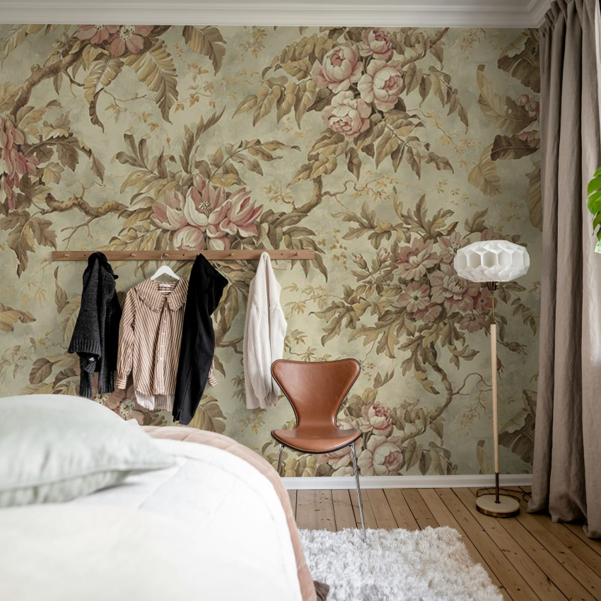 Fototapet floral albastru cu aspect rustic, ideal pentru un decor elegant și primitor