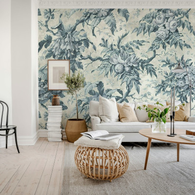 Fototapet floral albastru cu aspect rustic, ideal pentru un decor elegant și primitor