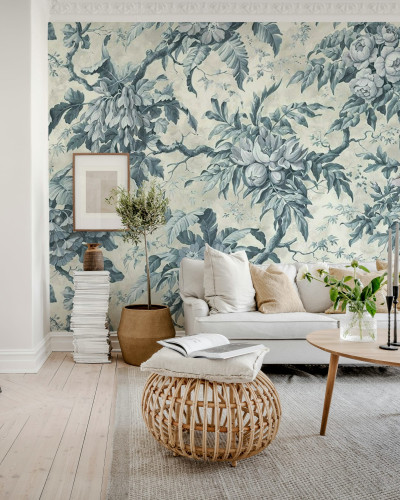 Fototapet floral albastru cu aspect rustic, ideal pentru un decor elegant și primitor