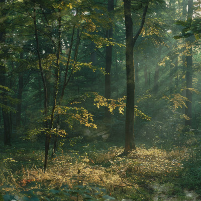 Fototapet cu peisaj de pădure la răsărit