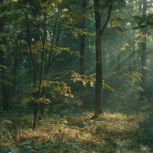Fototapet cu peisaj de pădure la răsărit