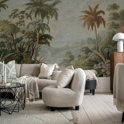 Tapet junglă vintage verde într-un living elegant