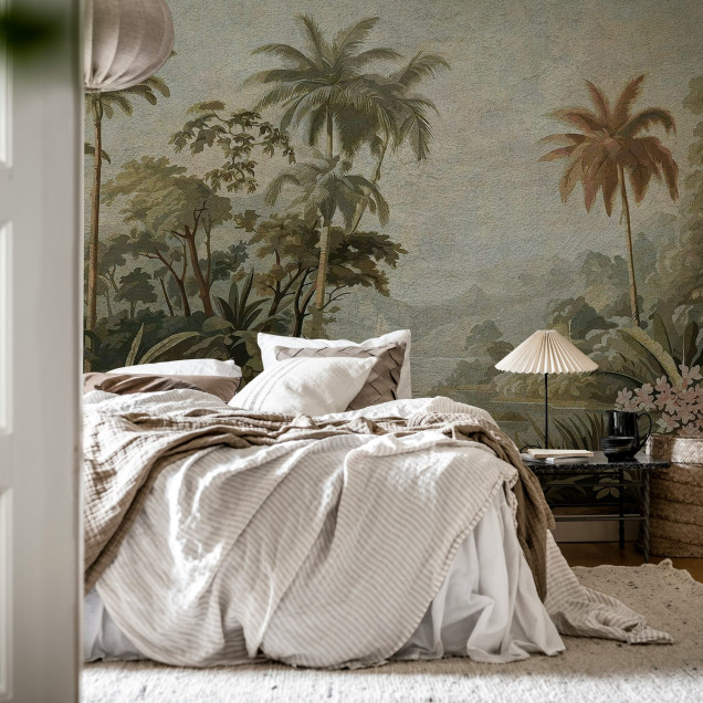 Tapet junglă vintage verde într-un living elegant
