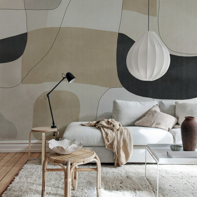 Tapet/Fototapet minimalist cu forme abstracte în tonuri neutre într-un dormitor modern