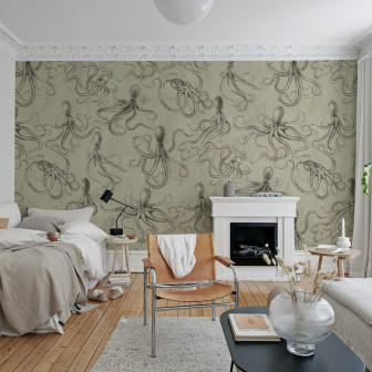 Tapet bej cu model caracatițe într-un living decorat elegant