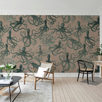 Tapet decorativ cu tentacule verzi pe fundal roz