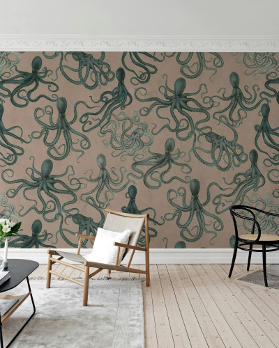 Tapet decorativ cu tentacule verzi pe fundal roz