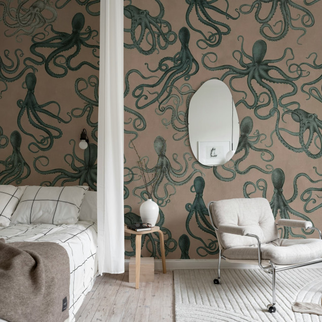 Tapet decorativ cu tentacule verzi pe fundal roz