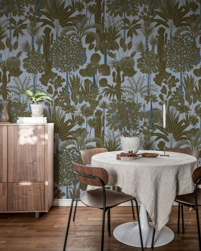 Tapet cu design tropical pe fundal albastru deschis