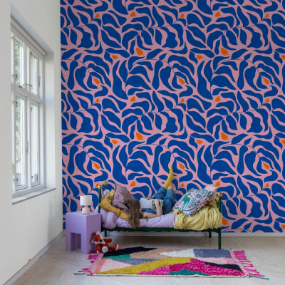 Fototapet floral abstract cu frunze albastre și roz