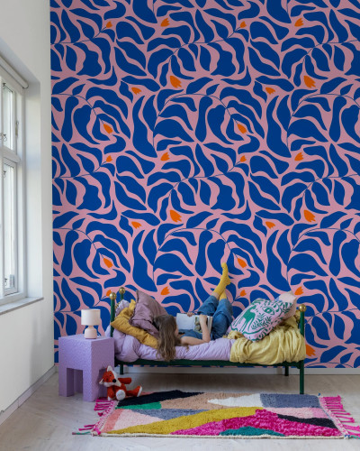 Fototapet floral abstract cu frunze albastre și roz