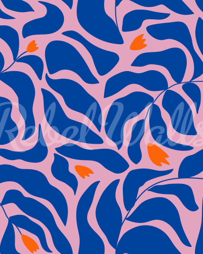 Fototapet floral abstract cu frunze albastre și roz