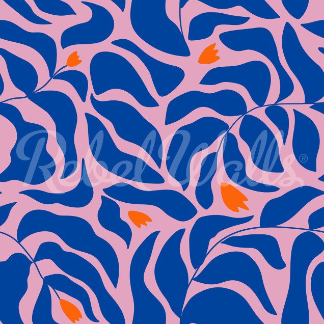 Fototapet floral abstract cu frunze albastre și roz