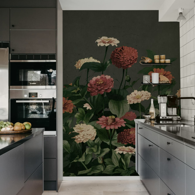 Fototapet floral vintage cu flori pe fundal întunecat