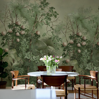 Tapet cu design tropical, frunze verzi și flori