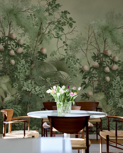 Tapet cu design tropical, frunze verzi și flori