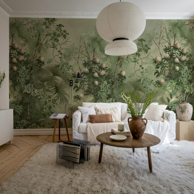 Tapet cu design tropical, frunze verzi și flori