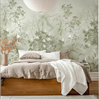 Tapet cu design tropical bej în dormitor