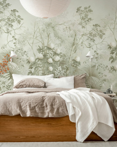 Tapet cu design tropical bej în dormitor