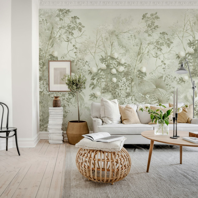 Tapet cu design tropical bej în dormitor