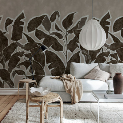 Tapet cu frunze tropicale maro într-un living modern