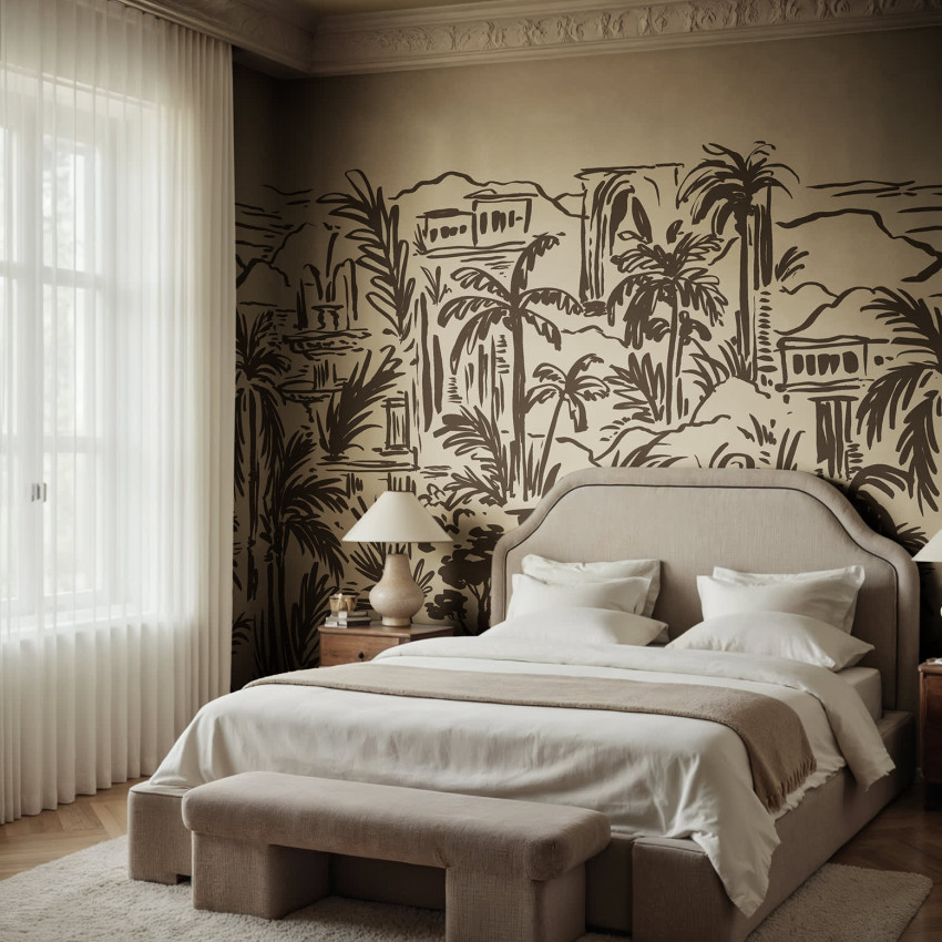 Tapet cu design tropical, oază cu palmieri galbeni