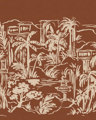 Tapet cu design tropical cu palmieri și elemente naturale, în nuanțe de maro și bej.