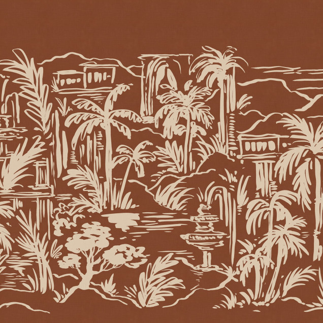 Tapet cu design tropical cu palmieri și elemente naturale, în nuanțe de maro și bej.
