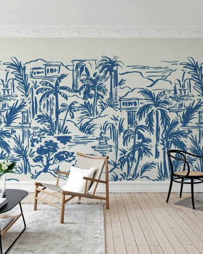 Tapet cu design de oază tropicală albastră într-o cameră de zi