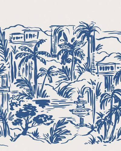 Tapet cu design de oază tropicală albastră într-o cameră de zi