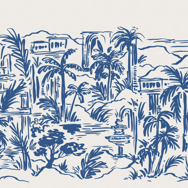 Tapet cu design de oază tropicală albastră într-o cameră de zi