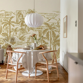 Tapet cu design tropical, oază cu palmieri galbeni